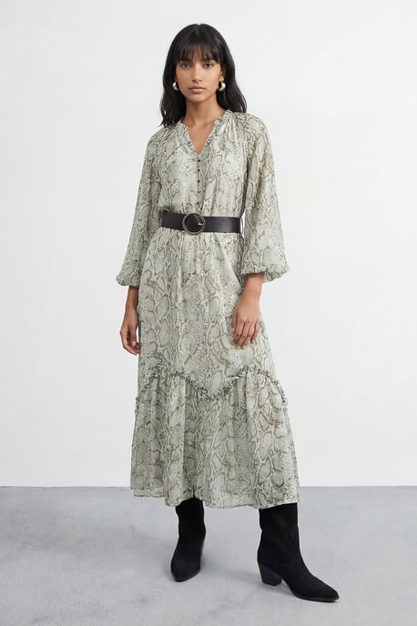 Petite Snake Print Ruffle Detail Belted Maxi Dress - Image 1