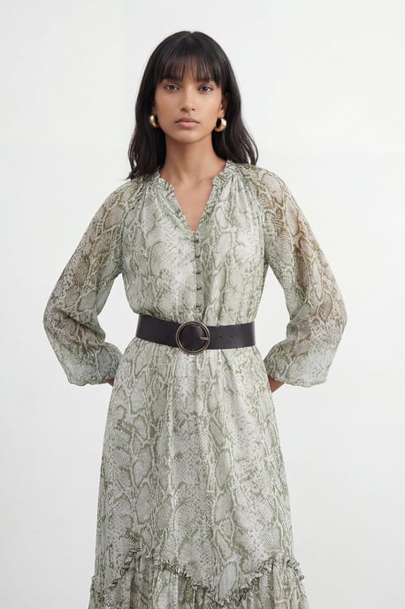 Petite Snake Print Ruffle Detail Belted Maxi Dress - Image 2