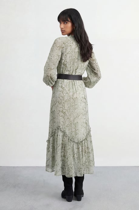 Petite Snake Print Ruffle Detail Belted Maxi Dress - Image 3