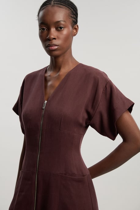 Tencel Blend Tailored V Neck Zip Detail Maxi Dress - Image 2