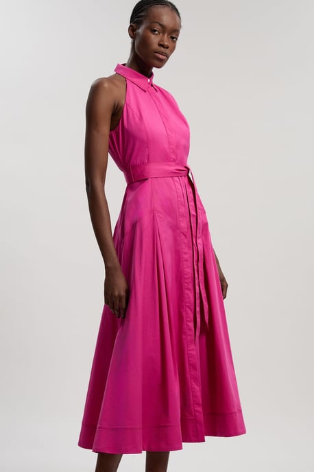 Cotton Collared Halter Neck Woven Midi Shirt Dress With Dropped Waist Detail - Image 1