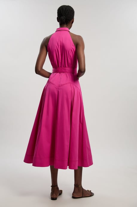 Cotton Collared Halter Neck Woven Midi Shirt Dress With Dropped Waist Detail - Image 4
