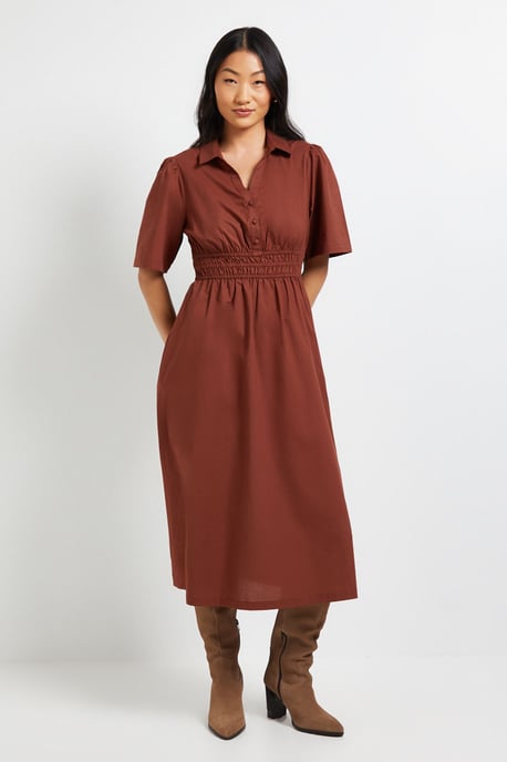 Petite Collar Shirred Waist Detail Poplin Midi Dress - Image 1