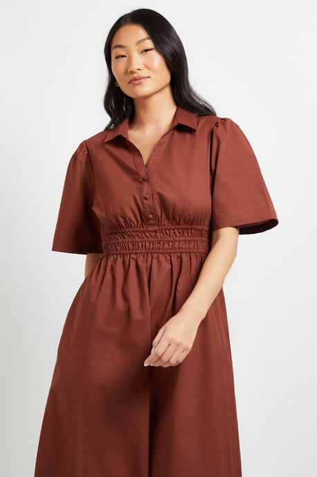 Petite Collar Shirred Waist Detail Poplin Midi Dress - Image 2