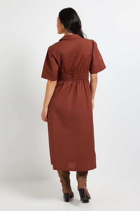 Petite Collar Shirred Waist Detail Poplin Midi Dress - Image 3