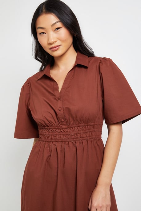 Petite Collar Shirred Waist Detail Poplin Midi Dress - Image 4