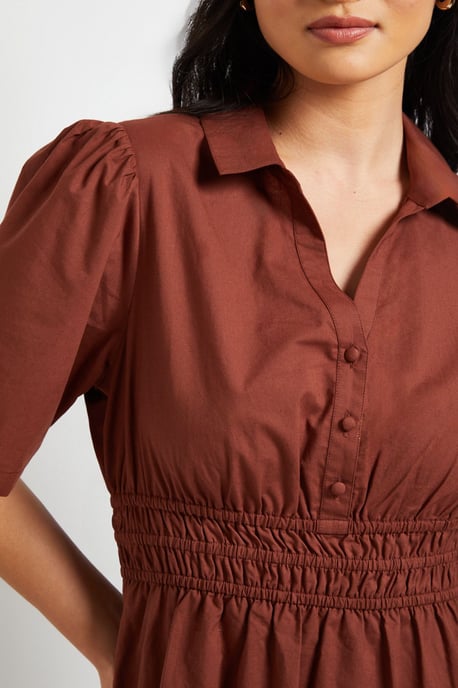 Petite Collar Shirred Waist Detail Poplin Midi Dress - Image 5