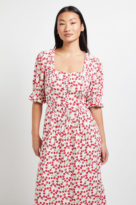 Petite Cherry Print Square Neck Frill Detail Puff Sleeve Midi Dress - Image 2