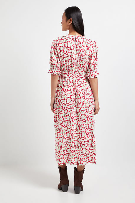 Petite Cherry Print Square Neck Frill Detail Puff Sleeve Midi Dress - Image 3