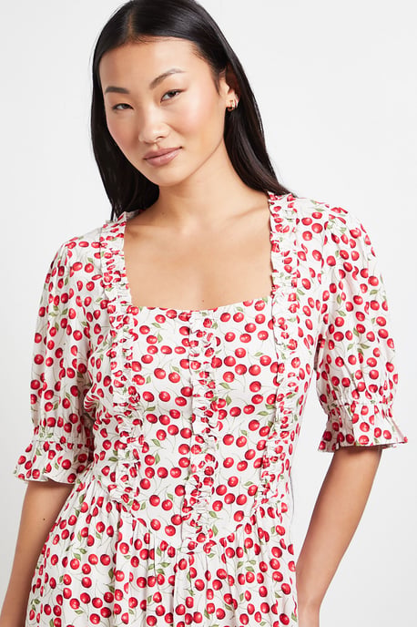 Petite Cherry Print Square Neck Frill Detail Puff Sleeve Midi Dress - Image 4