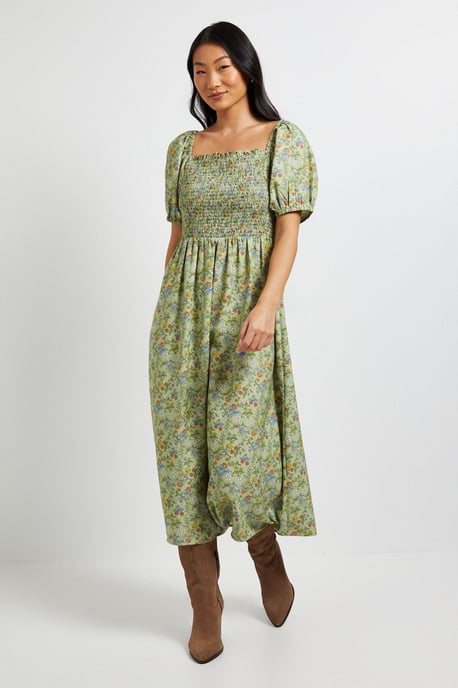 Petite Green Ditsy Shirred Bodice Puff Sleeve Midi Dress - Image 1