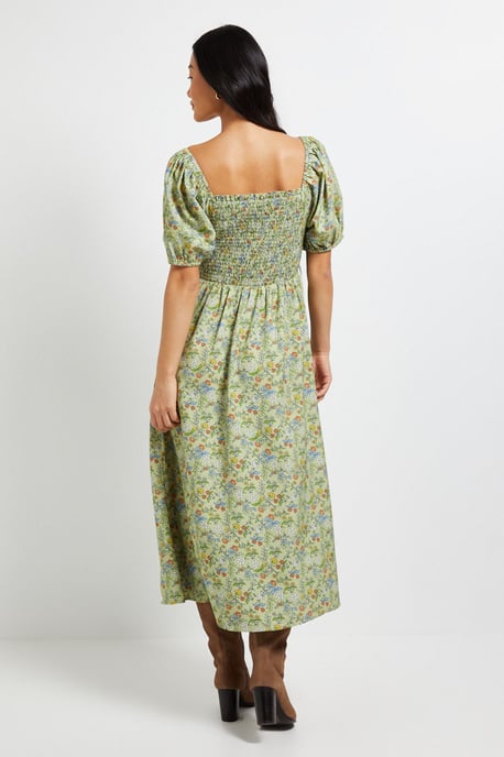 Petite Green Ditsy Shirred Bodice Puff Sleeve Midi Dress - Image 3