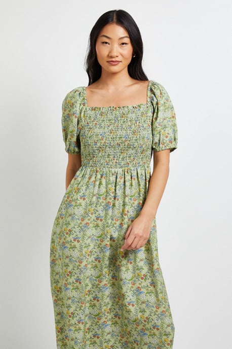 Petite Green Ditsy Shirred Bodice Puff Sleeve Midi Dress - Image 4