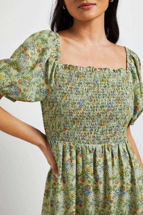 Petite Green Ditsy Shirred Bodice Puff Sleeve Midi Dress - Image 5