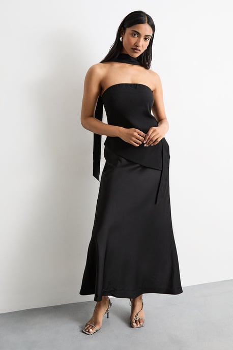 Strapless Structured Bodice Satin Midi Dress - Image 1