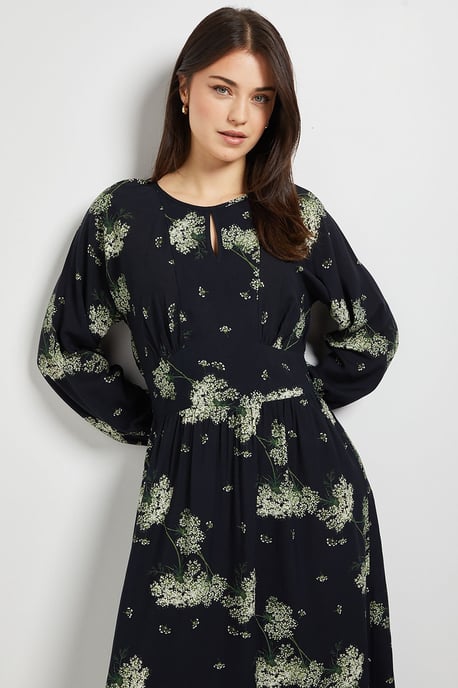 Black Floral Blouson Sleeve Keyhole Detail Midi Dress - Image 2