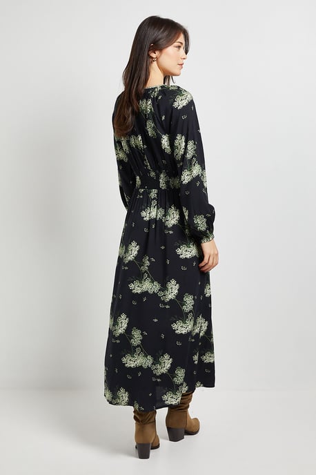Black Floral Blouson Sleeve Keyhole Detail Midi Dress - Image 3