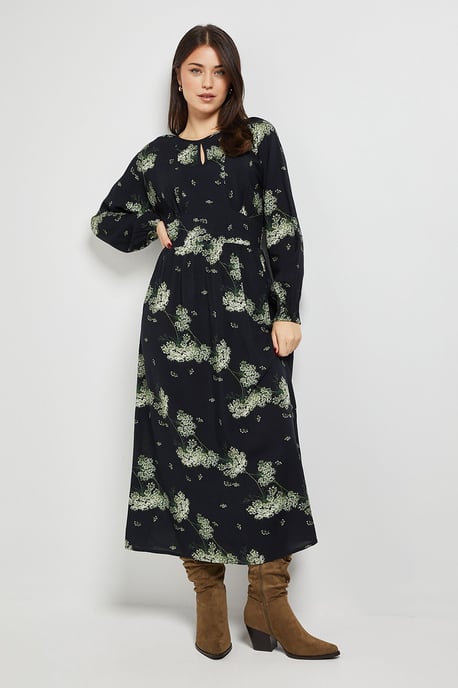 Black Floral Blouson Sleeve Keyhole Detail Midi Dress - Image 4