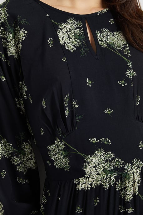 Black Floral Blouson Sleeve Keyhole Detail Midi Dress - Image 5