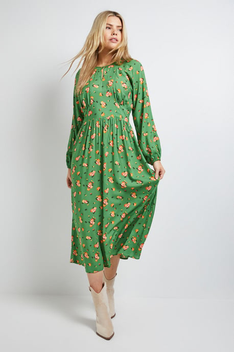 Petite Green Ditsy Blouson Sleeve Keyhole Detail Midi Dress - Image 1
