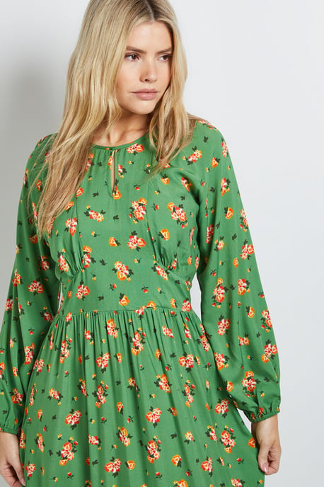 Petite Green Ditsy Blouson Sleeve Keyhole Detail Midi Dress - Image 2