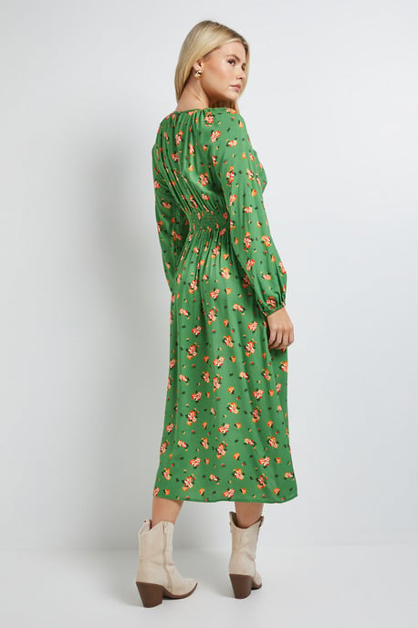 Petite Green Ditsy Blouson Sleeve Keyhole Detail Midi Dress - Image 3