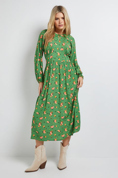Petite Green Ditsy Blouson Sleeve Keyhole Detail Midi Dress - Image 4