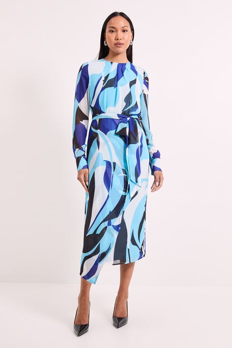 Abstract Belted Workwear Midi Dress - Image 1