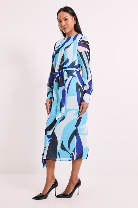 Abstract Belted Workwear Midi Dress - Image 4