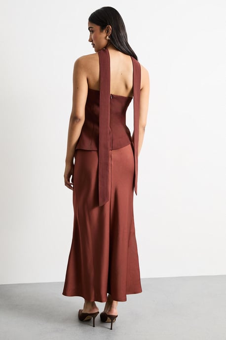 Strapless Structured Bodice Satin Midi Dress - Image 3