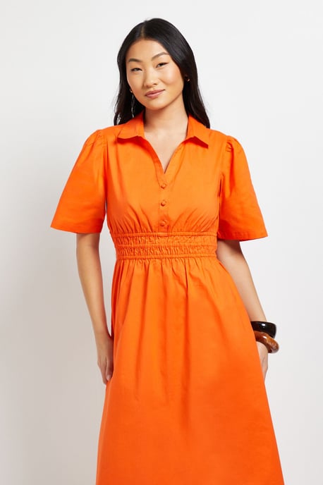 Petite Collar Shirred Waist Detail Poplin Midi Dress - Image 2