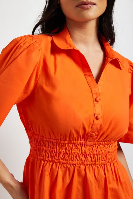 Petite Collar Shirred Waist Detail Poplin Midi Dress - Image 4