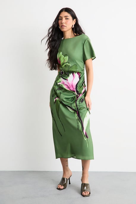 Floral Printed Drawstring Waist Short Sleeve Midi Dress - Image 1