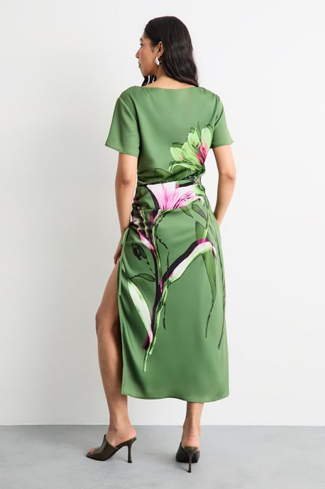 Floral Printed Drawstring Waist Short Sleeve Midi Dress - Image 3