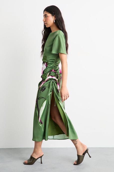 Floral Printed Drawstring Waist Short Sleeve Midi Dress - Image 4