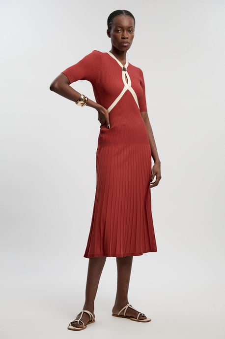 Rib Knit Trim Detail Full Skirt Short Sleeve Midi Dress - Image 1