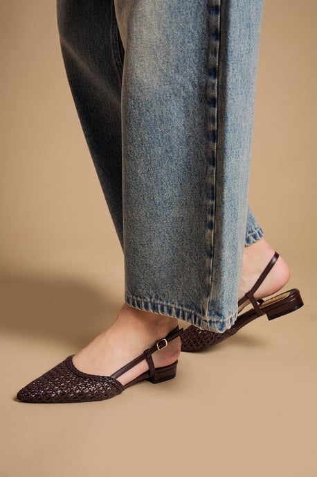 Brandie Faux Leather Woven Slingback Pointed Flat Shoes - Image 1