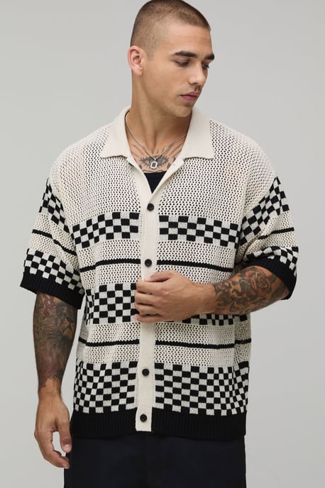 Relaxed Boxy Checkerboard Open Stitch Short Sleeve Shirt - Image 1