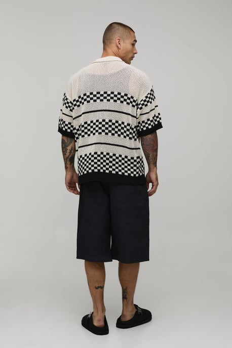 Relaxed Boxy Checkerboard Open Stitch Short Sleeve Shirt - Image 2
