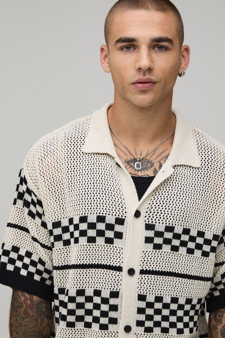 Relaxed Boxy Checkerboard Open Stitch Short Sleeve Shirt - Image 3