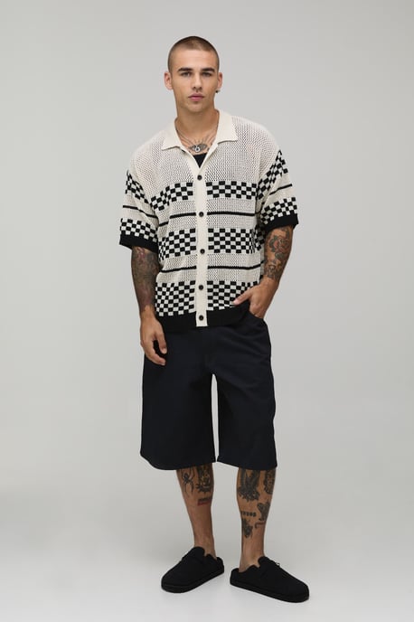 Relaxed Boxy Checkerboard Open Stitch Short Sleeve Shirt - Image 4