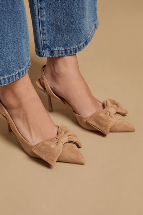 Rose Faux Suede Bow Detail High Stillo Heeled Slingback Court Shoes - Image 3