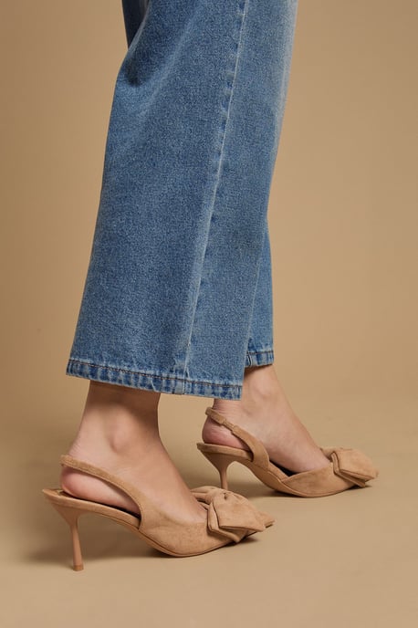 Rose Faux Suede Bow Detail High Stillo Heeled Slingback Court Shoes - Image 4