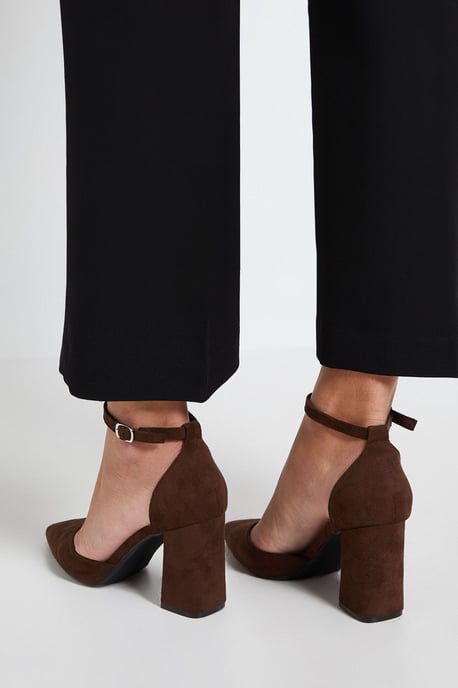 Blanche Faux Suede Ankle Strap Pointed High Block Heel Court Shoes - Image 3
