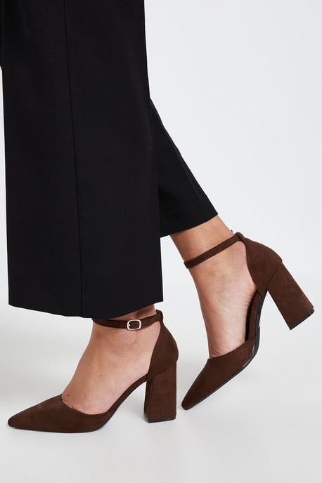Blanche Faux Suede Ankle Strap Pointed High Block Heel Court Shoes - Image 4