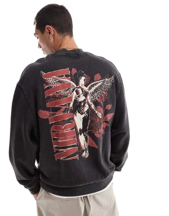 ASOS DESIGN unisex Relaxed license sweatshirt with Nirvana prints in washed black - Image 1