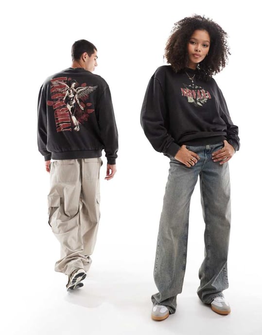 ASOS DESIGN unisex Relaxed license sweatshirt with Nirvana prints in washed black - Image 4