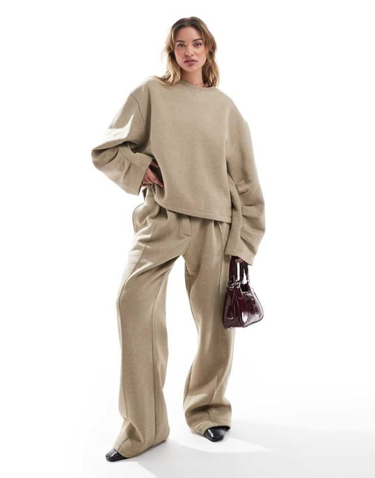 ASOS DESIGN oversized sweat with ruched sleeve detail in khaki marl - Image 2