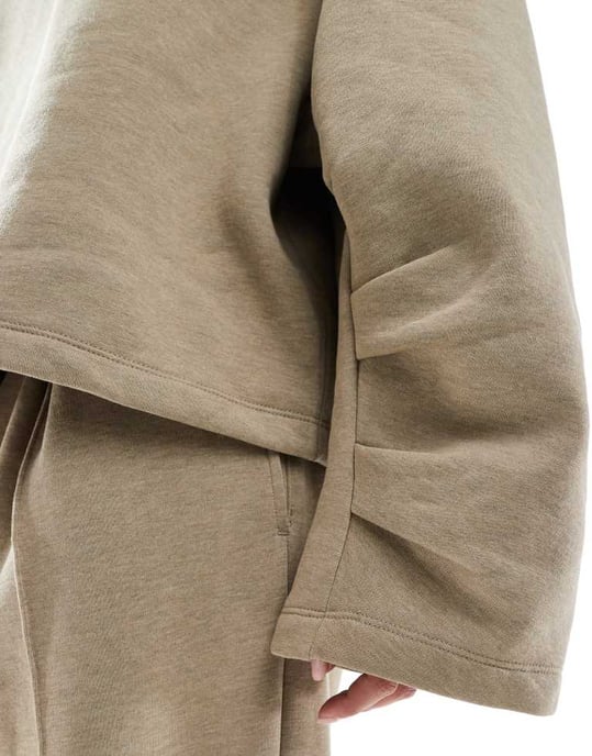 ASOS DESIGN oversized sweat with ruched sleeve detail in khaki marl - Image 3