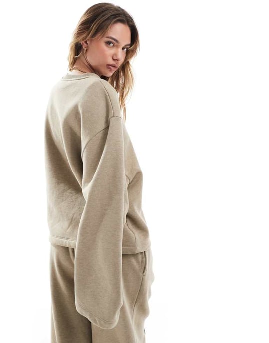ASOS DESIGN oversized sweat with ruched sleeve detail in khaki marl - Image 4